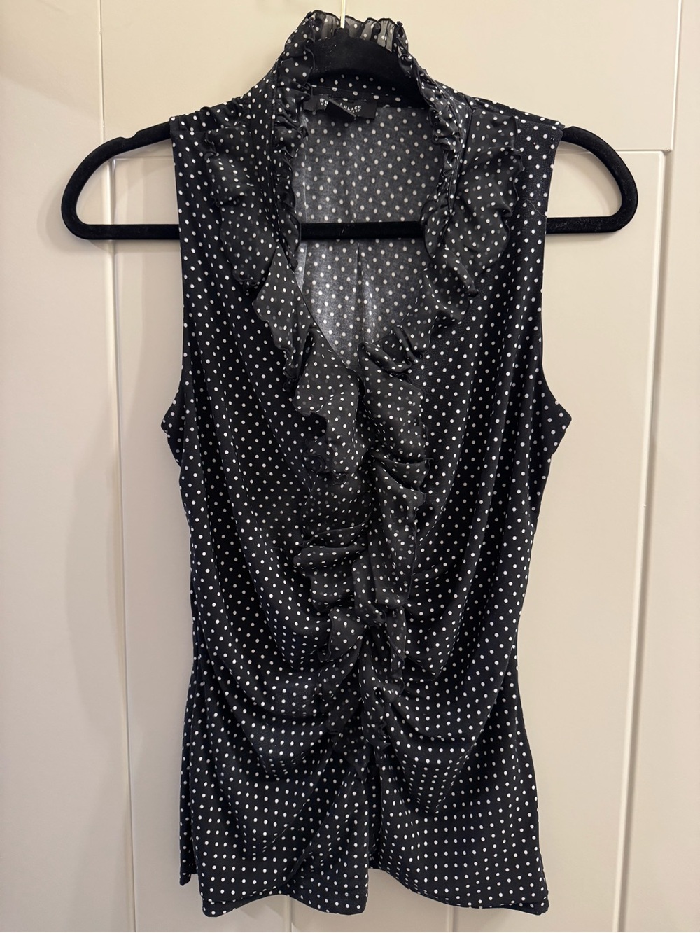 White House Black Market Black and White Polka Dot Ruffle Sleeveless Top